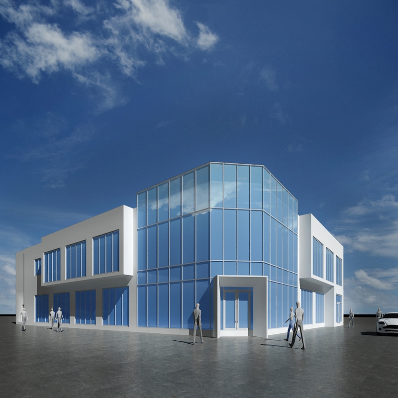 salle d'exposition de bâtiment en acier commercial bleu 3d